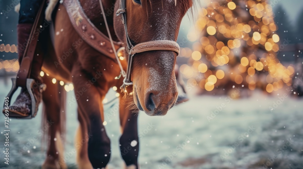 Poster a brown horse wearing a bridle on its head. this versatile image can be used in various contexts