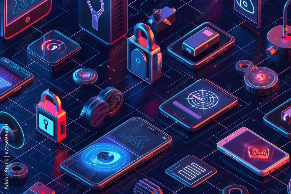 Poster a collection of electronic devices neatly arranged on a table. perfect for illustrating technology, 