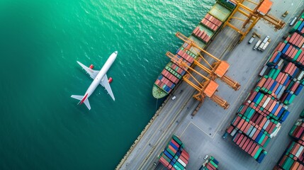 Container ship and transport aircraft in export and import business and logistics. Shipping cargo to harbor by crane. Water transport International. Aerial view and top view.