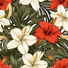 Floral Beauty Seamless Vector Pattern with Pink Hibiscus Flowers and Summer Leaves for Vintage Nature-Inspired Wallpaper Design