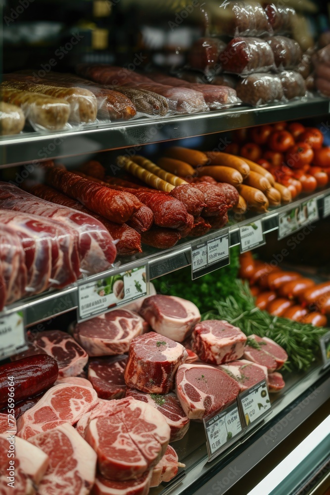 Poster a display case showcasing a variety of fresh meat and vegetables. perfect for showcasing farm-to-tab