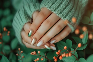 A close-up photo of a woman's hand showcasing a beautiful green and white manicure. Perfect for beauty and fashion related projects