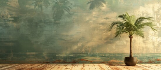 Green wallpaper with a textured palm tree design on the wall, under the sky.