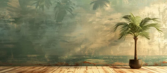 Fotobehang Green wallpaper with a textured palm tree design on the wall, under the sky. © Vusal
