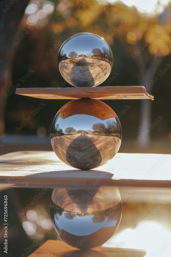 Poster Three spheres stacked on top of each other on a table. Suitable for various concepts and designs