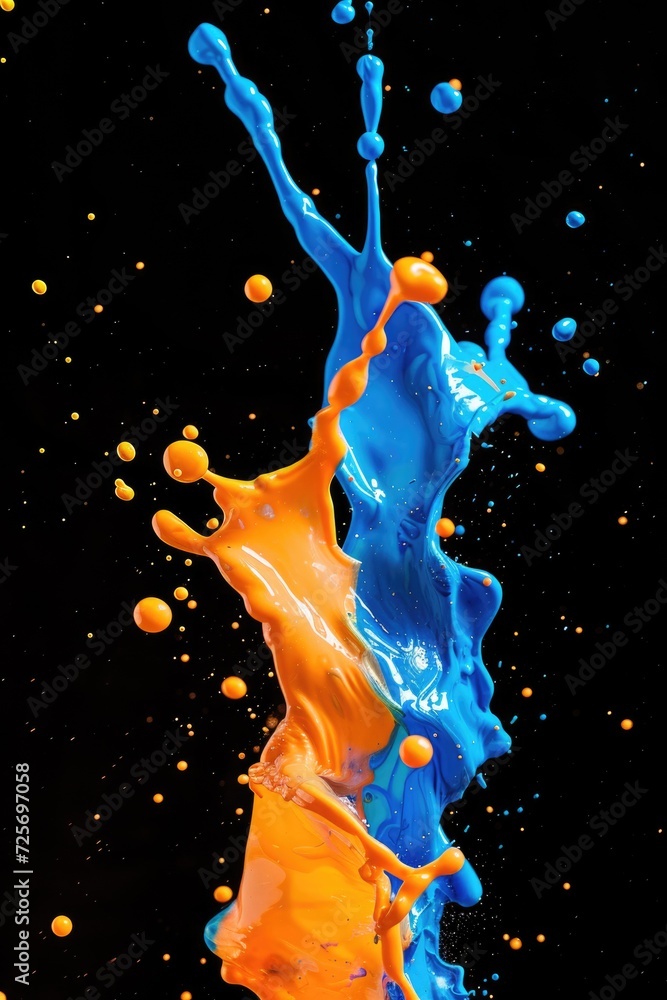 Poster A vibrant splash of blue and orange paint on a black background. This image can be used to add a pop of color and creativity to various projects