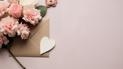 Walentynki - tło na życzenia. Mockup, szablon z kwiatami, kopertą i listem z wyznaniem uczuć...