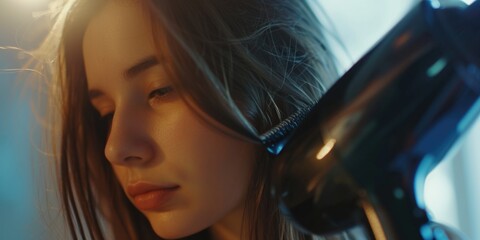 A woman using a blow dryer to dry her hair. This image can be used to showcase personal grooming or hairstyling - obrazy, fototapety, plakaty
