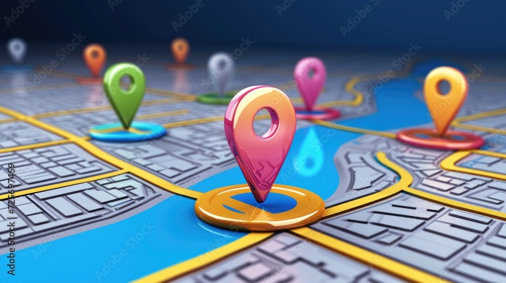 Poster A map with pins and markers, ideal for indicating locations and marking points of interest. Suitable for travel, navigation, and geographical concepts