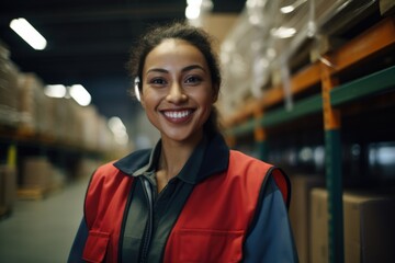 A woman is captured smiling for the camera in a warehouse. This versatile image can be used in various contexts