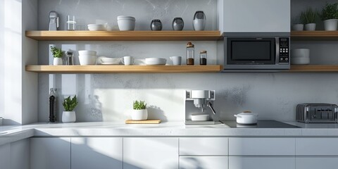 A kitchen with white cabinets and a microwave. Ideal for showcasing modern kitchen design.