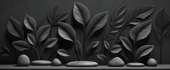 Monochromatic Display of Leaf Sculptures and Stones Against a Dark Background