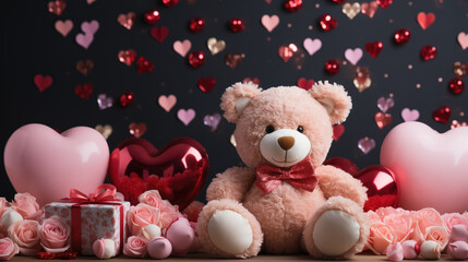 Toy teddy bear on a dark background with red hearts.  Holiday, gift concept