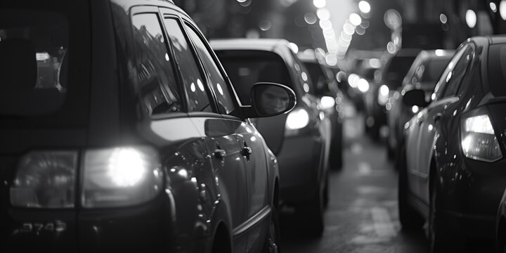 Fototapeta A black and white photo capturing a street filled with cars. This versatile image can be used to depict urban life, transportation, traffic, cityscape, and more