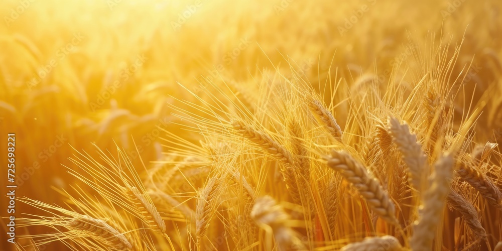 Poster a picturesque field of wheat with the sun shining in the background. suitable for various uses