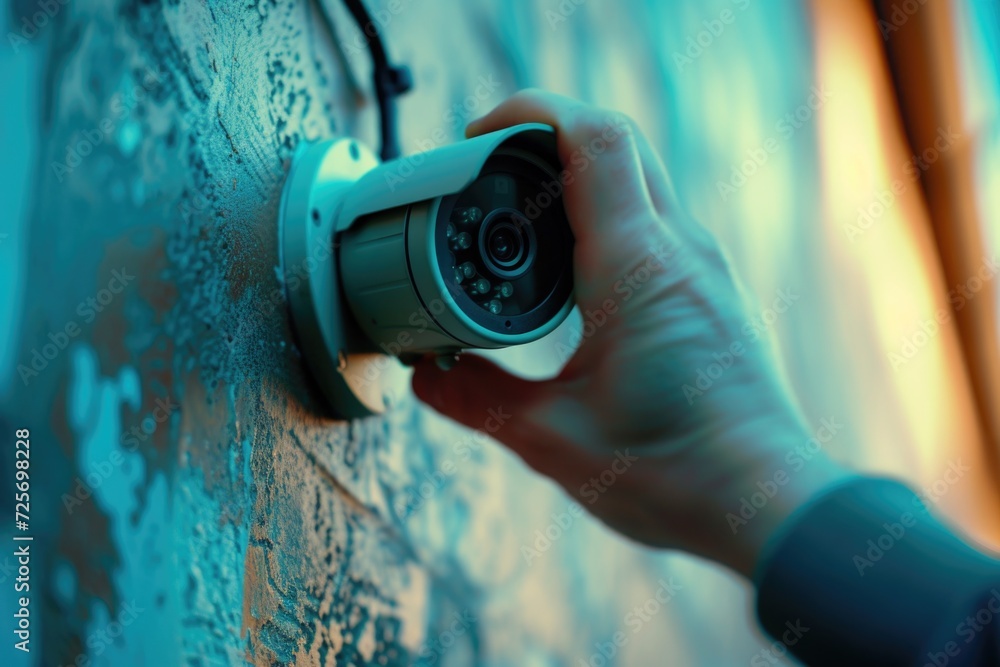 Poster a person holding a camera against a wall. this image can be used for various photography-related the