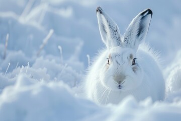 A white rabbit sitting in the snow. Perfect for winter-themed designs or animal-related projects