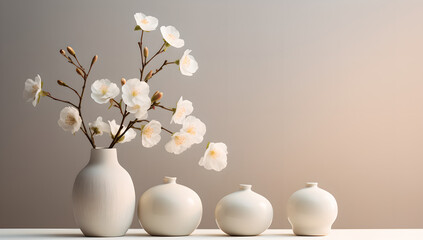  vase containing a plant with white flowers , Four additional white vases  littles in white table , along with a grey wall in the background
