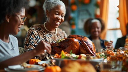 Happy African American mature woman brining stuffed turkey at dining table during family dinner, lifestyles, happiness, sitting, togetherness