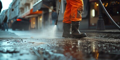 Person using a hose to clean a street. Suitable for various cleaning and maintenance concepts - obrazy, fototapety, plakaty