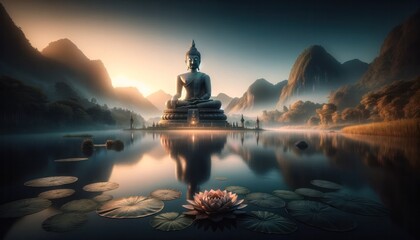 A large Buddha statue seated in a lotus position, surrounded by a tranquil landscape of mountains and a calm body of water