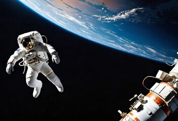 astronauts performing spacewalk in deep space, repair work on station in space, work in space, advanced technologies,