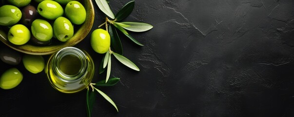Fresh bio olive oil with ripe olives, healthy food panorama banner. Generative Ai.