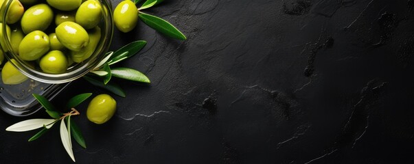 Many fresh and ripe green olives with detailed water drops, bio food panorama banner. Generative Ai.