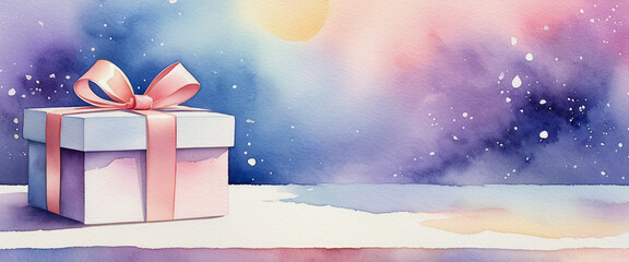 A gift box decorated with a light pink ribbon. Soft pastel tone gradient background in empty space. Illustration in watercolor style.