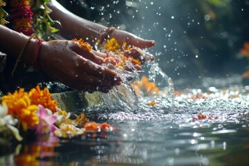 A person is shown washing their hands in a body of water. This image can be used to promote hygiene and cleanliness in various settings