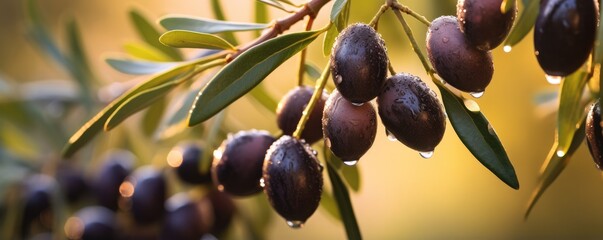 Fresh bio black olives in olives tree farm, healthy food concept panorama with sunset. Generative...