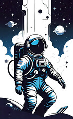 Fototapeta premium Cheerful astronaut working in space, spacewalk in deep space, repair work on space station, vector illustration, sketch banner for advertising, background for smartphone or shorts,