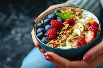 healthy eating breakfast, woman holding bowl with yogurt, fruits and seeds for muesli