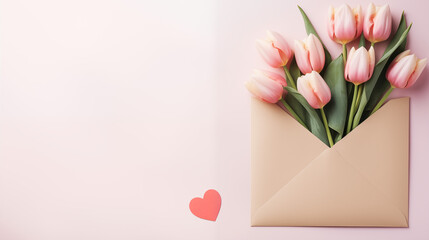 Walentynki - tło na życzenia. Mockup, szablon z tulipanami,  kopertą i listem z wyznaniem uczuć miłości. Kwiaty dla zakochanej kobiety - obrazy, fototapety, plakaty