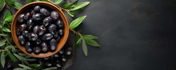 Many fresh and ripe black olives in wooden bowl, healthy food panorama banner. Generative Ai.