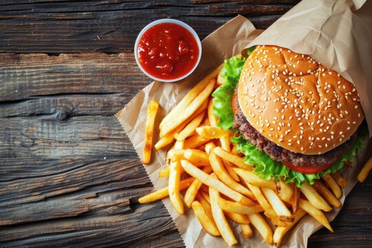 hamburger and french potato fries with dip, top view of fast food burger