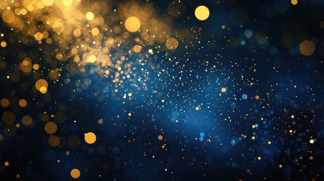 golden confetti falling on blurred blue background