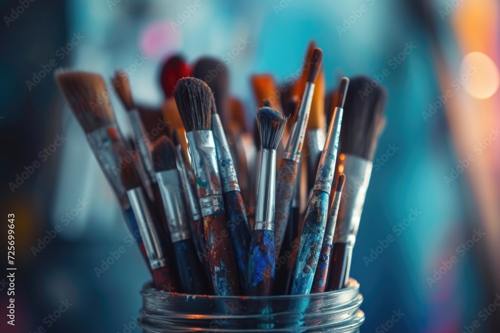 Poster A collection of paint brushes neatly arranged in a jar, placed on top of a table. Suitable for art and creativity concepts