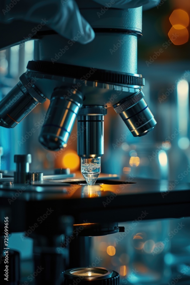 Poster a detailed view of a microscope placed on a table. can be used to depict scientific research, labora
