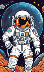 Cheerful astronaut working in space, spacewalk in deep space, repair work on space station, vector illustration, sketch banner for advertising, background for smartphone or shorts,