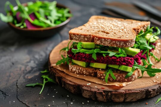 tasty and healthy vegan sandwich with beetroot hummus, avocado and salad