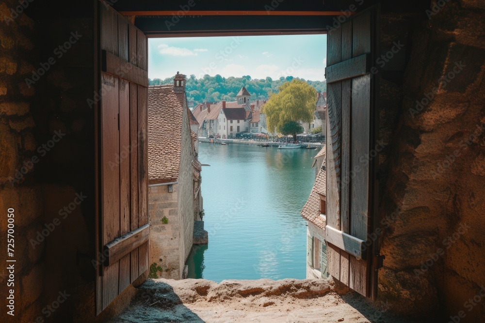 Poster A view of a river seen through an open door. This image can be used to depict tranquility and nature