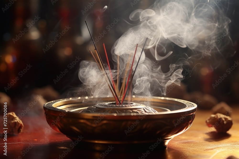 Aufkleber incense sticks in a bowl releasing smoke. perfect for creating a calming atmosphere or for use in me