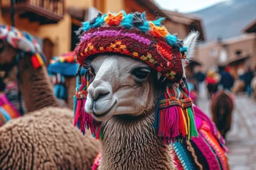 Fotobehang A close-up view of a llama wearing a vibrant and colorful hat. This image can be used to add a fun and unique touch to various projects © Fotograf