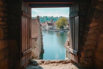 A view of a river seen through an open door. This image can be used to depict tranquility and nature