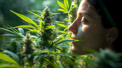 Close up woman smell top cannabis buds