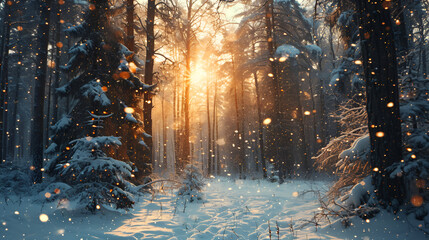 Sunset in the wood in winter period, Snow-covered forest path, illuminated by day. Background, Sunset in winter forest, Generative Ai