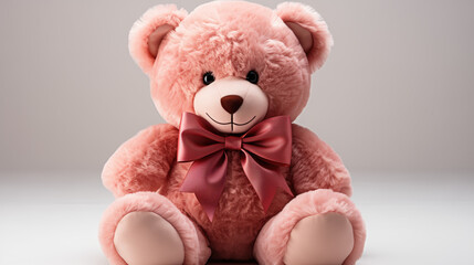 A pink teddy bear sits on a light gray background.