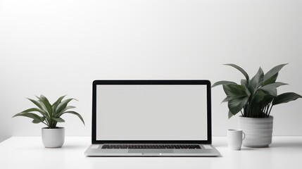 Set up laptop on work desk, with interior decoration of potted plants and coffee mugs. White wall...
