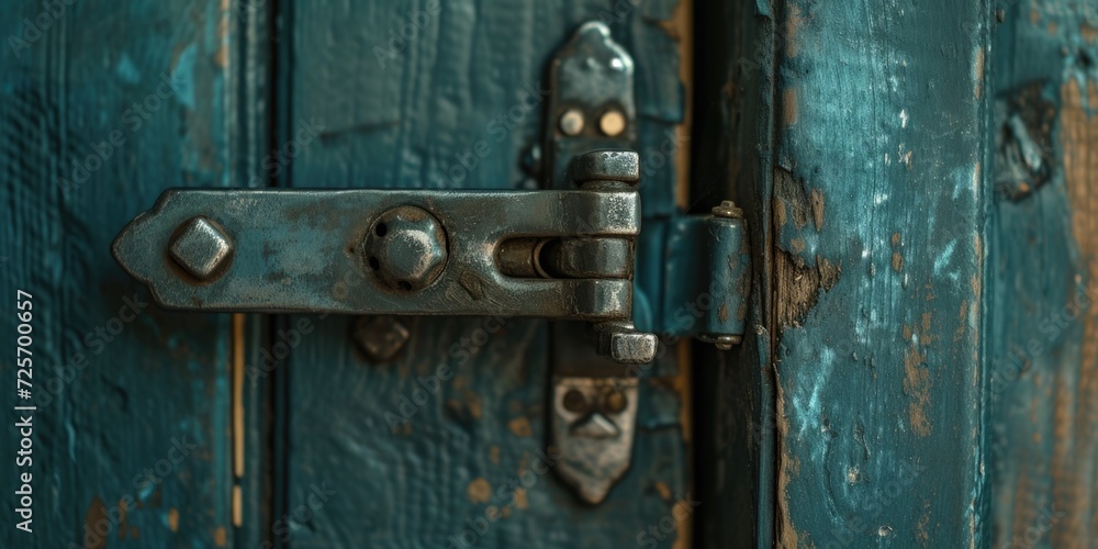 Poster a detailed view of a latch on a door. this image can be used to depict security, home safety, or acc
